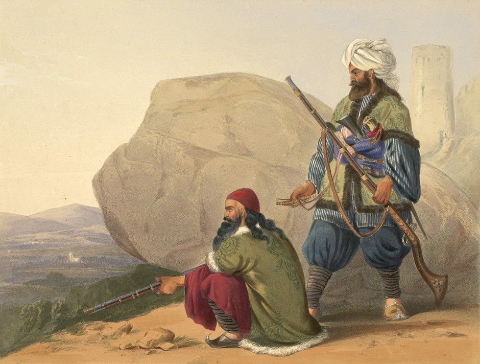 Unknown Afghaun foot soldiers in their winter dress, with entrance to the Valley of Urgundeh